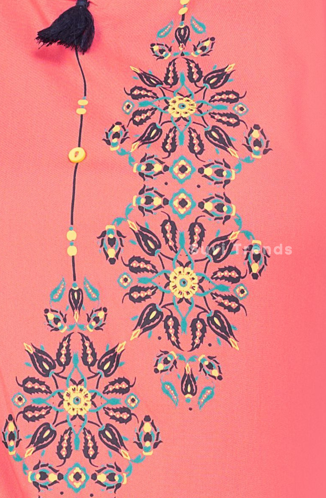 Floral Embroidered Long Kurta - Peach