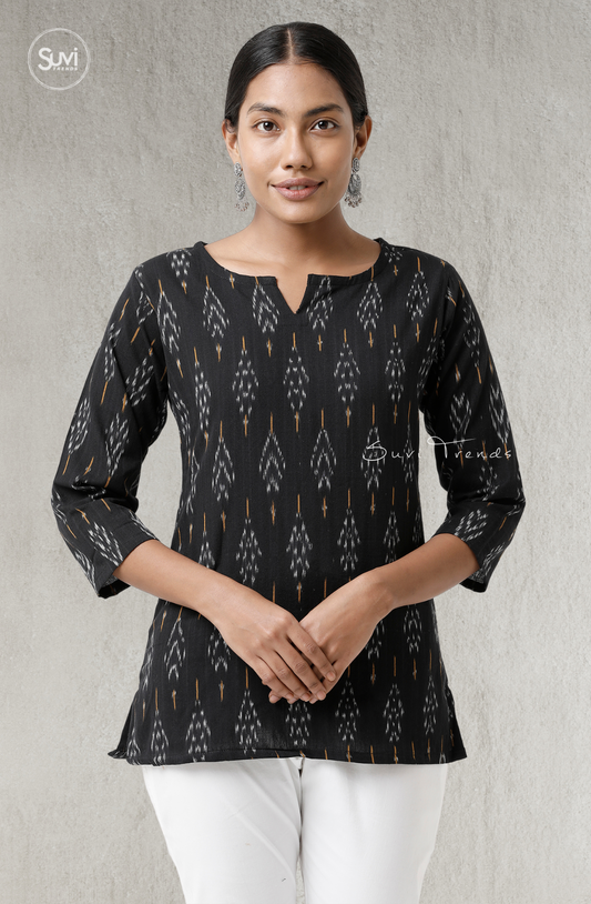 Black Ikat Top with 3/4 Sleeves
