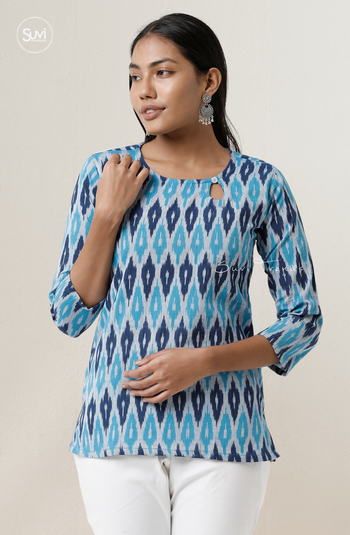 Torquoise Ikat Top with Keyhole Neck