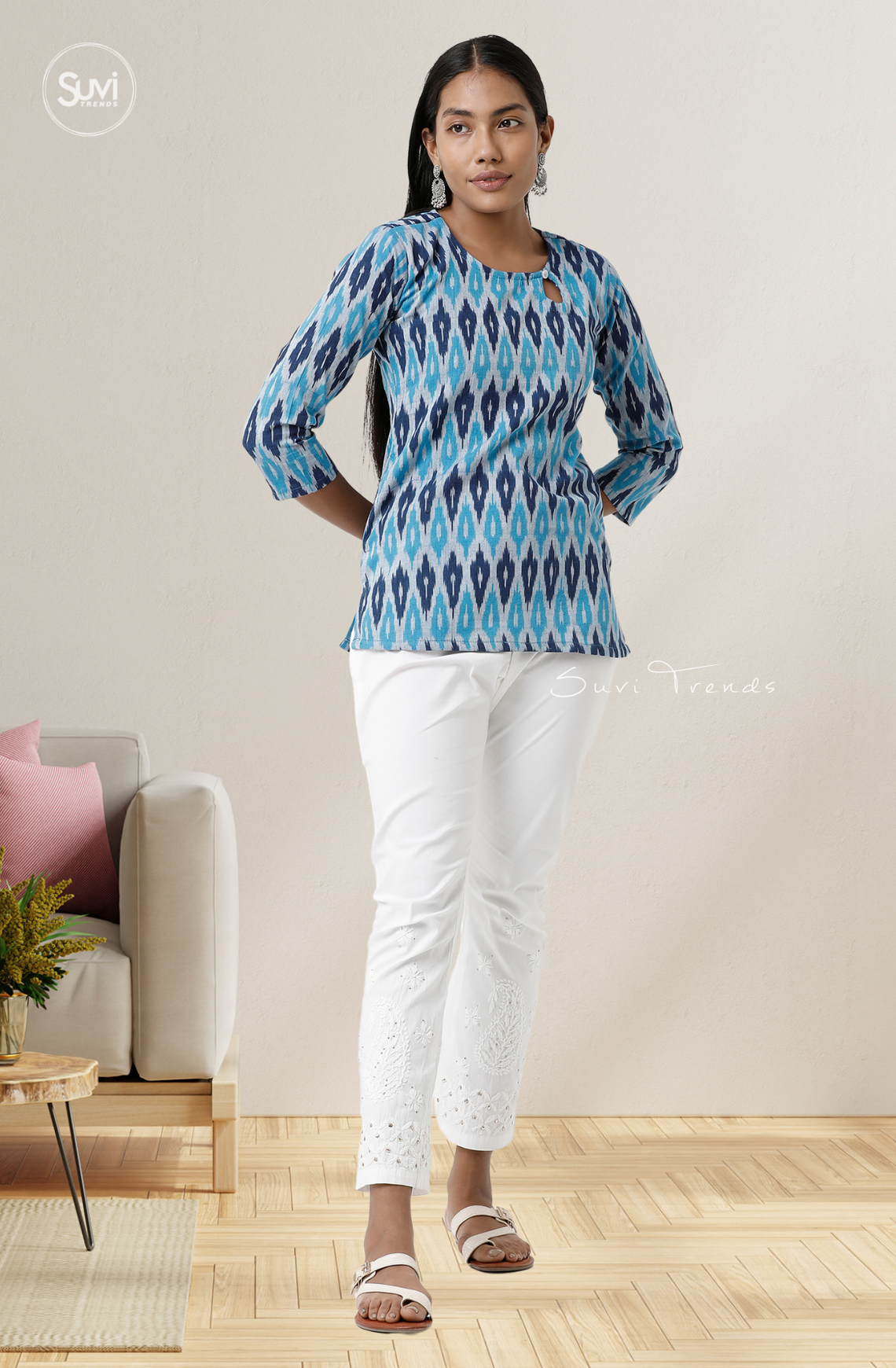 Torquoise Ikat Top with Keyhole Neck