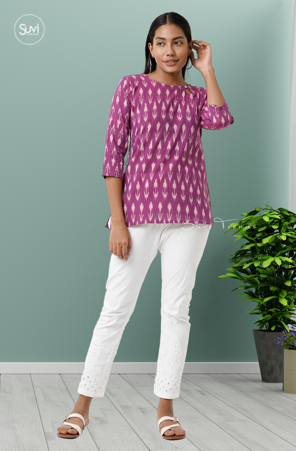 Magenta Ikat Top with Keyhole Neck
