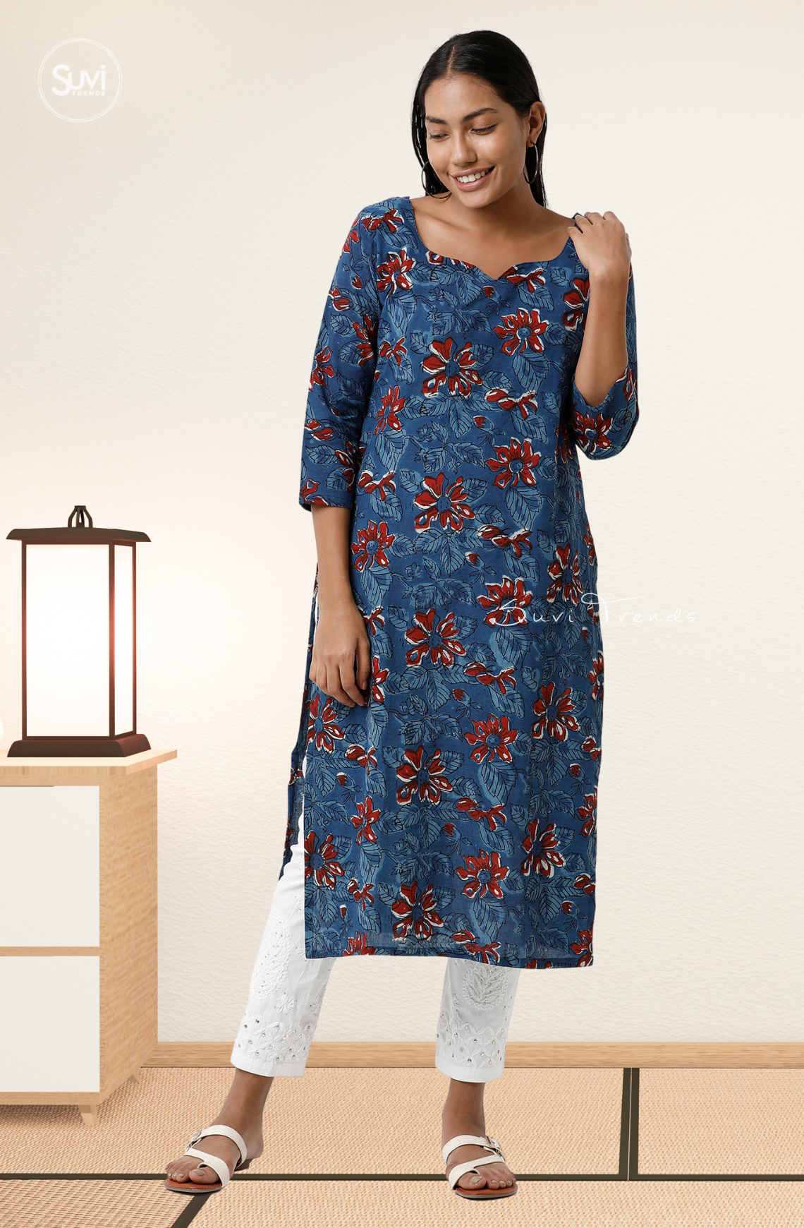 Blue Floral Print Straight Kurta