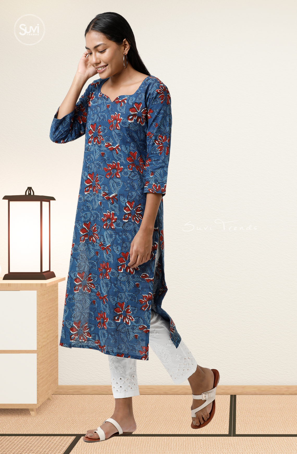 Blue Floral Print Straight Kurta