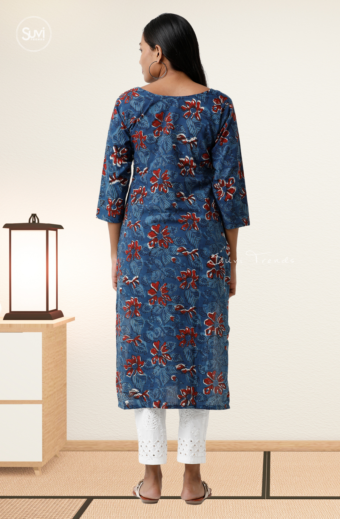 Blue Floral Print Straight Kurta