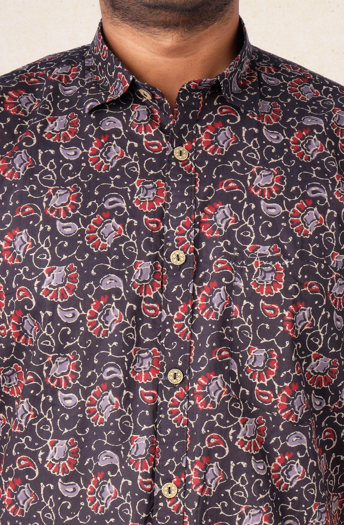 Men's Floral Printed Cotton Shirt - Black & Red