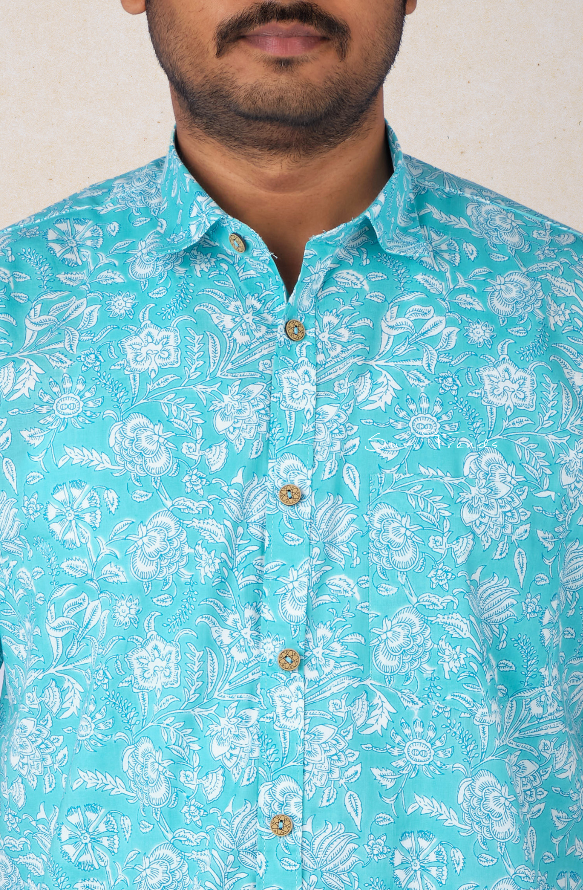 Men's Floral Printed Cotton Shirt - Aqua